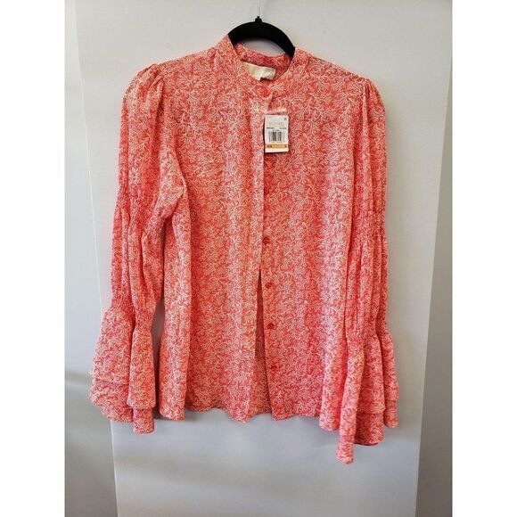 Michael Kors White/Coral Bell-Sleeve Blouse Top S‎ - Picture 3 of 5